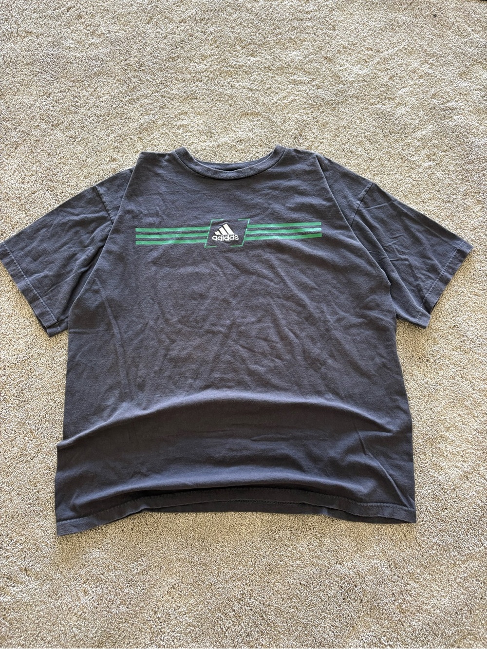 adidas Black Tee with Green Stripe Trefoil Logo